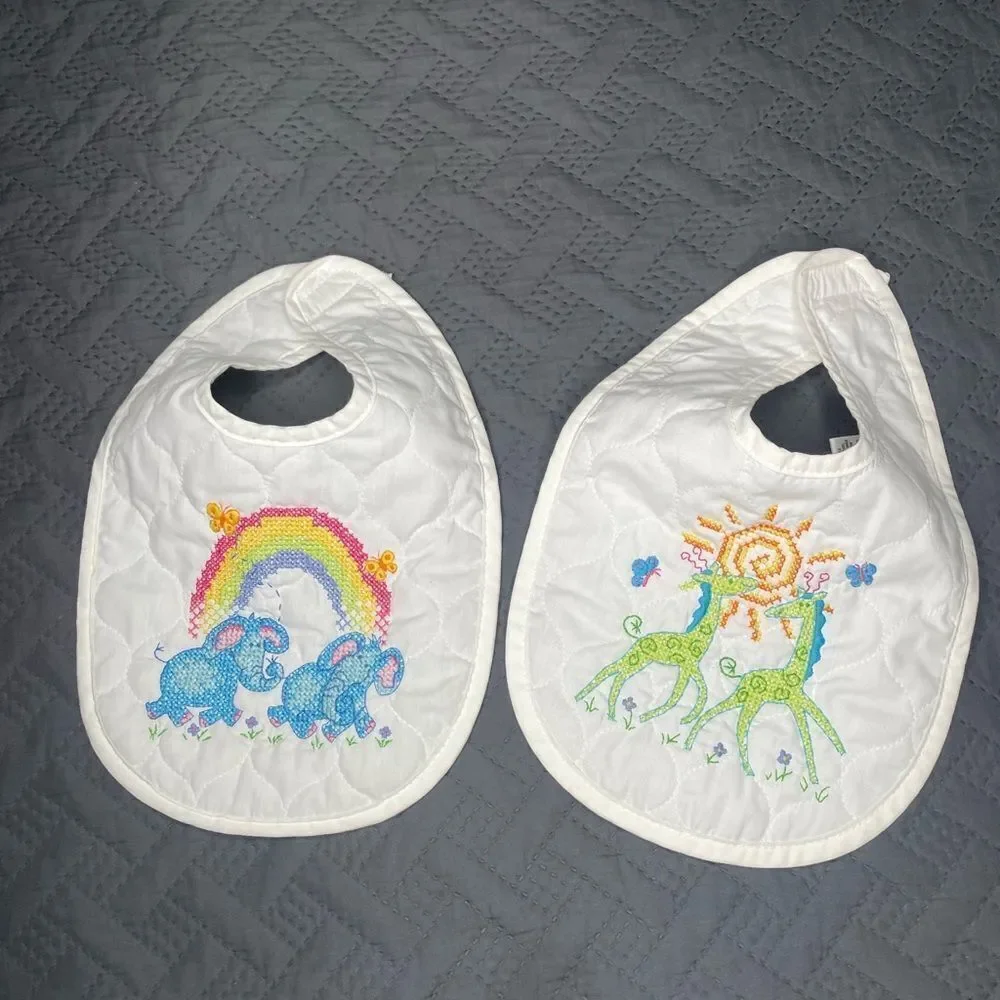 White Baby Bib Set with Embroidered Elephants and Giraffes